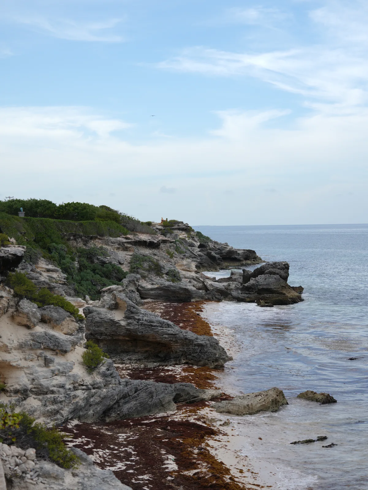 Weathered grey limestone cliffs and rust-coloured sargassum line the shore under a wide, hazy sky.